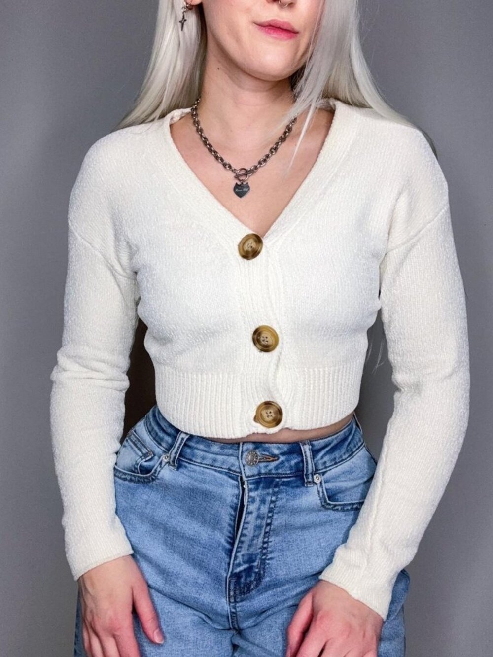 UO Honey Plush Cropped Cardigan in Ivory